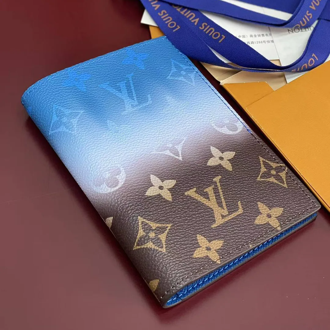 M28008 Passport Cover Blue Monogram Pigment Coated Canvas