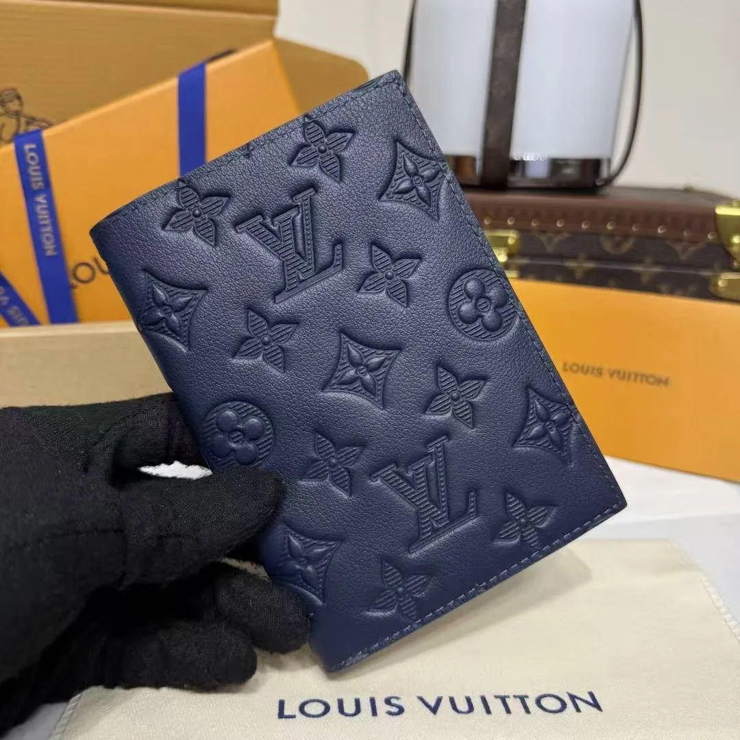 M14792 Passport Cover Navy Blue Monogram Shadow Embossed Calf Leather