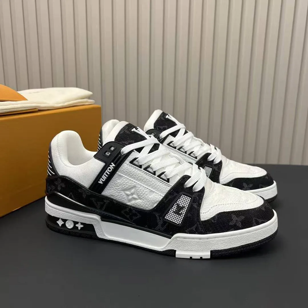 1A9JG3 L.V Trainer Sneaker Monogram Denim Monogram-embossed Grained Calf Leather