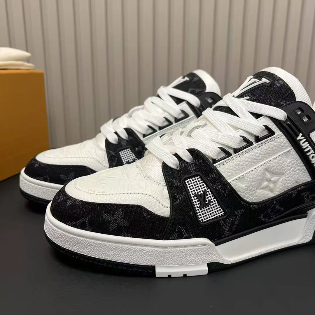 1A9JG3 L.V Trainer Sneaker Monogram Denim Monogram-embossed Grained Calf Leather