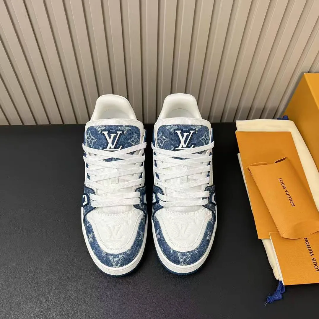 1A9JGN L.V Trainer Sneaker Monogram Denim Monogram-embossed Grained Calf Leather