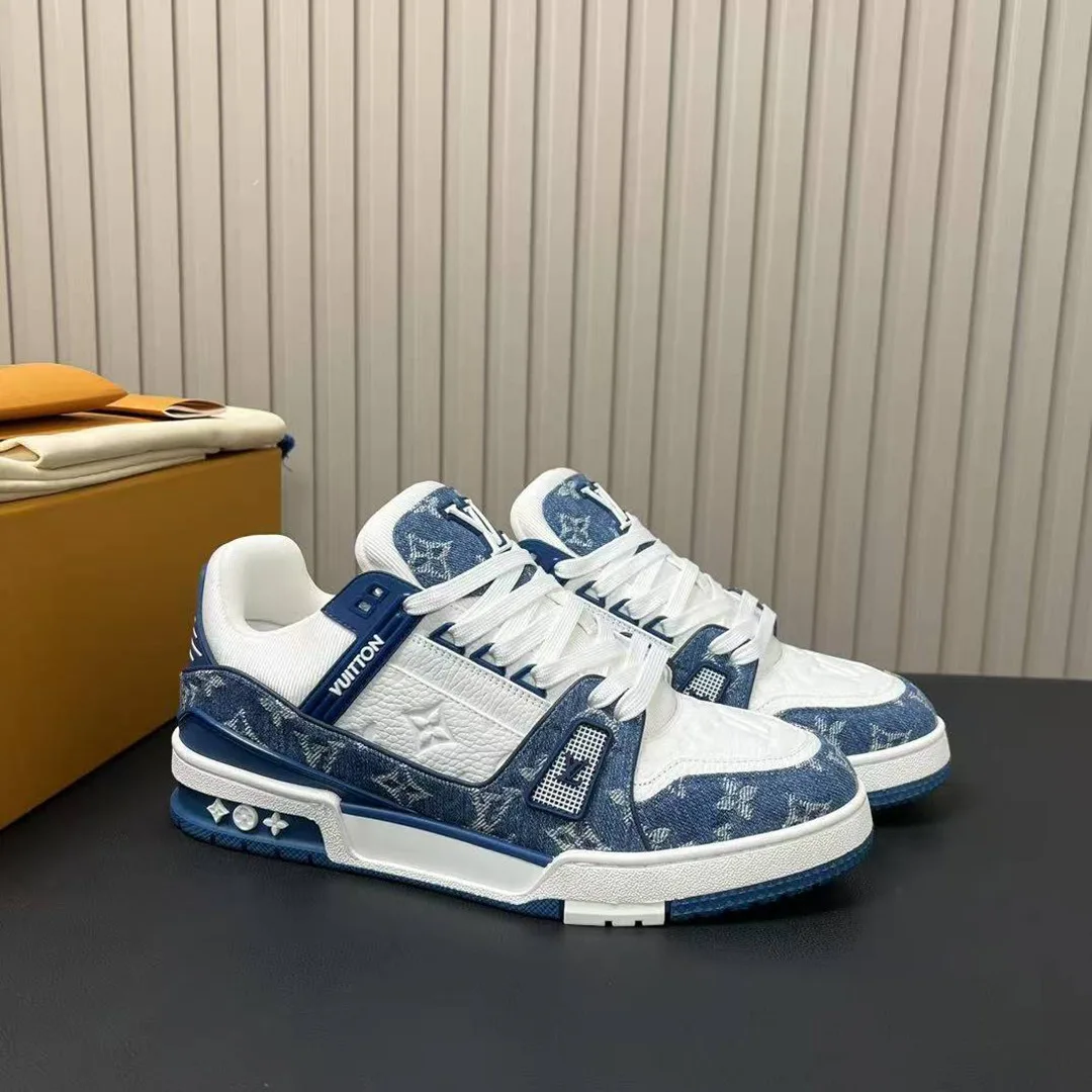 1A9JGN L.V Trainer Sneaker Monogram Denim Monogram-embossed Grained Calf Leather
