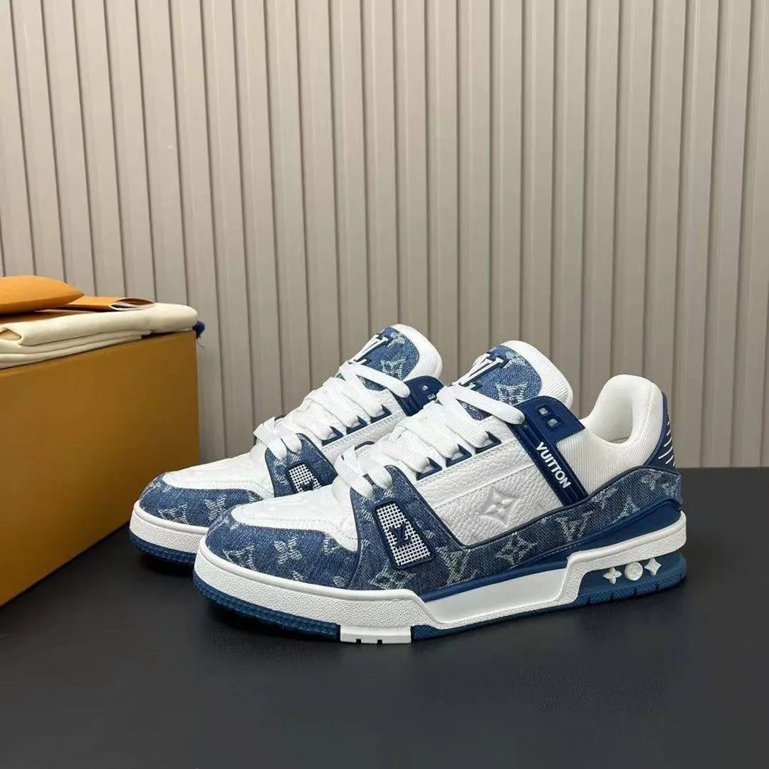 1A9JGN L.V Trainer Sneaker Monogram Denim Monogram-embossed Grained Calf Leather