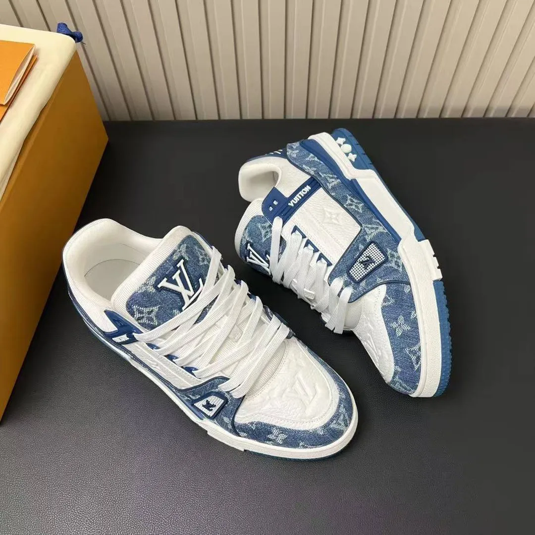 1A9JGN L.V Trainer Sneaker Monogram Denim Monogram-embossed Grained Calf Leather