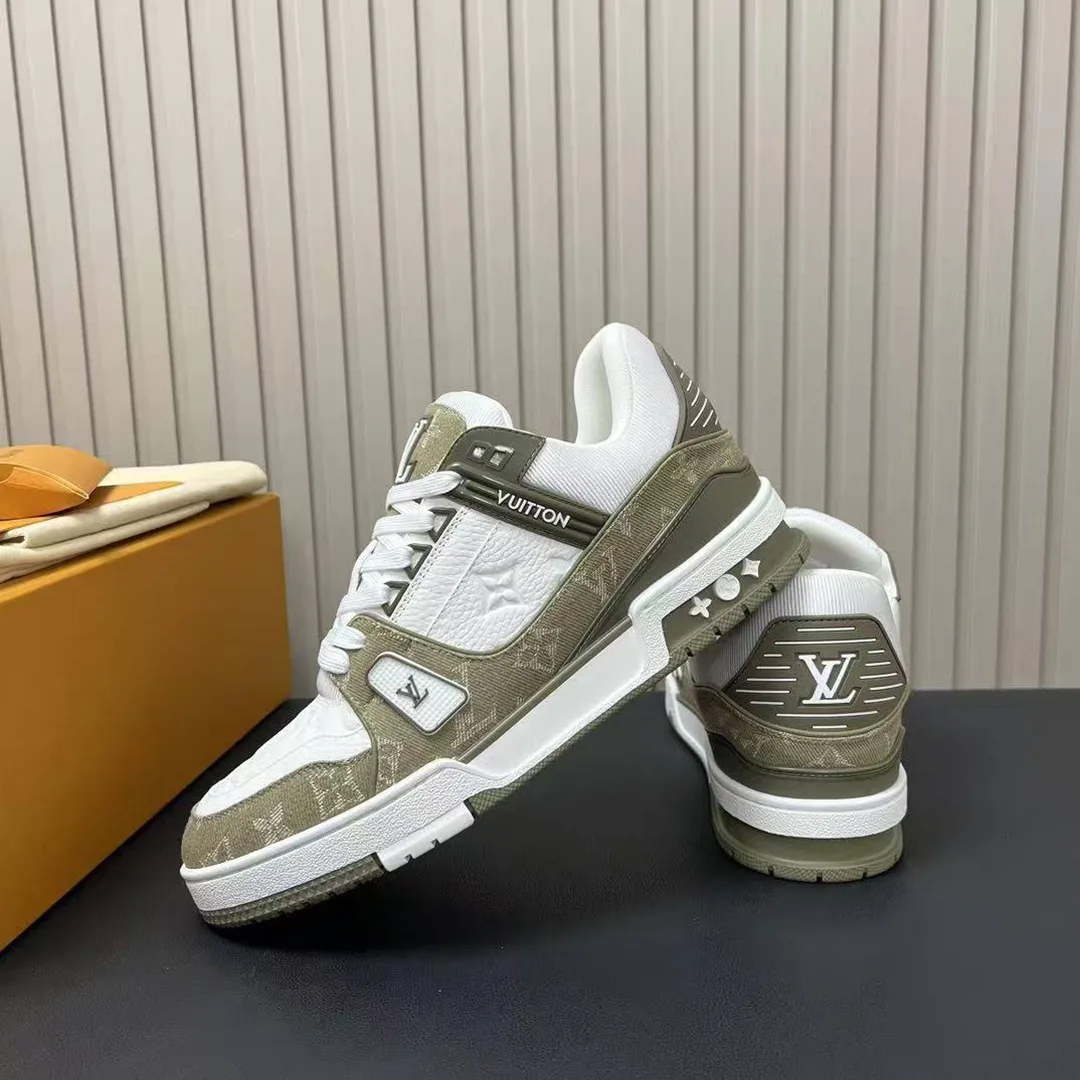 1AIKN4 L.V Trainer Sneaker Monogram Denim Monogram-embossed Grained Calf Leather