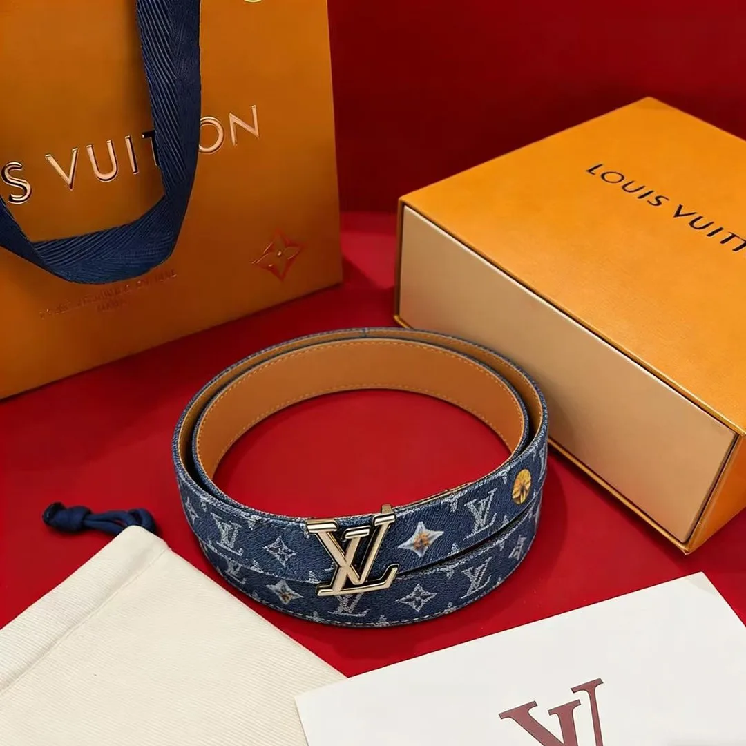 M4634V L.V Dimension Monogram Denim Flower 35mm Reversible Belt Blue Camel