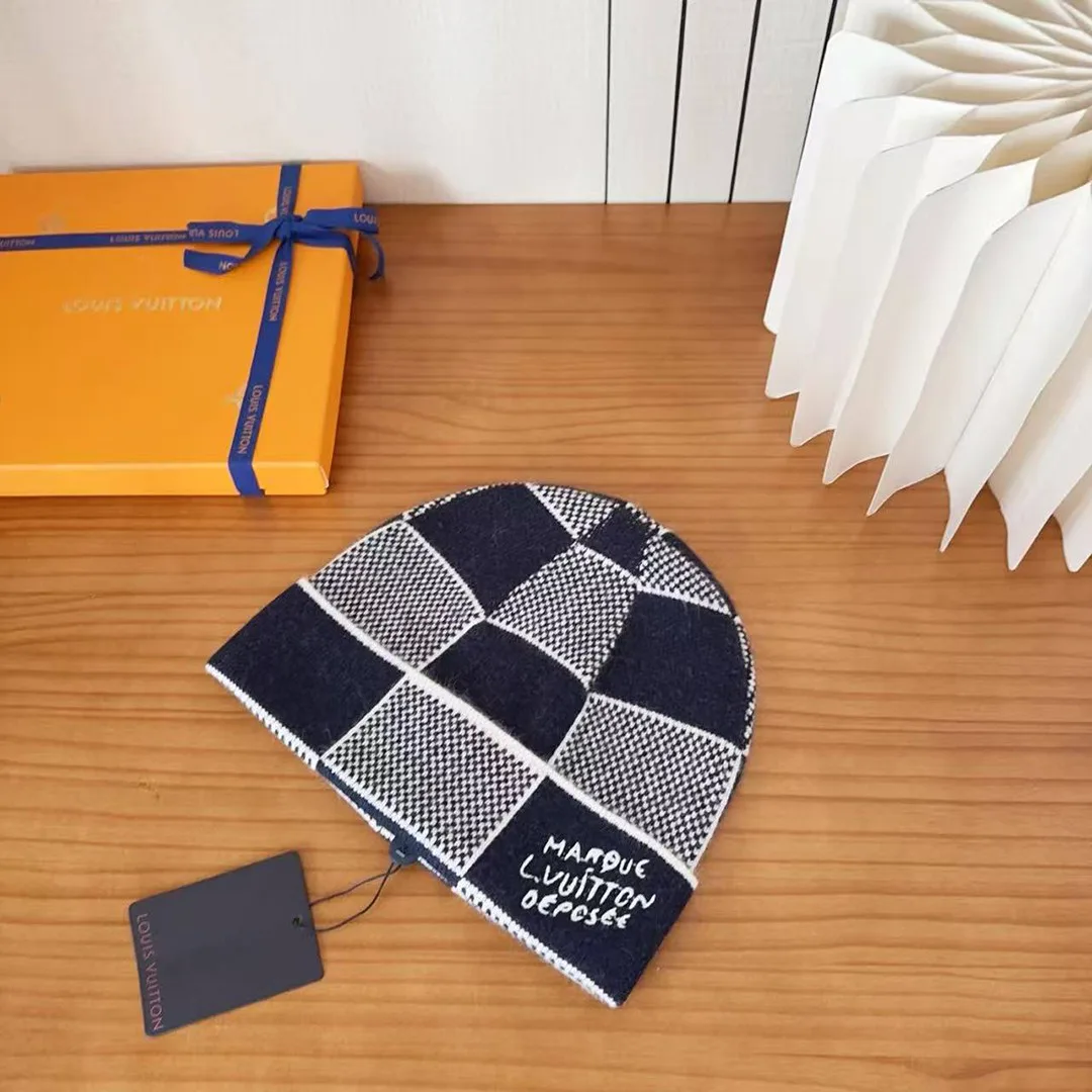 M90842 Damier Heritage Beanie Navy Damier Print 100% Wool