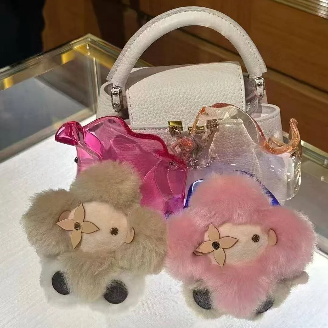 M02348 My Vivienne Bag Charm Pink Faux Fur Calf Leather and Monogram Coated Canvas