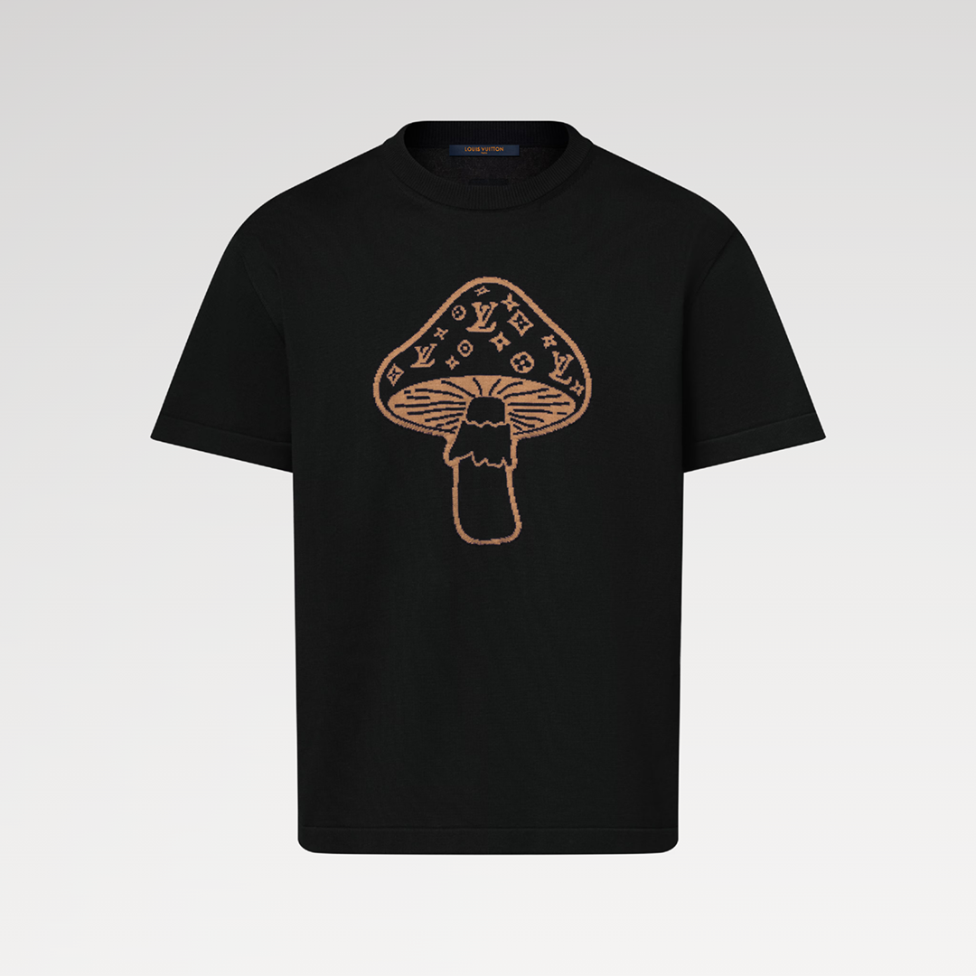 1AJBUX Short-Sleeved Intarsia Crewneck Black Cotton