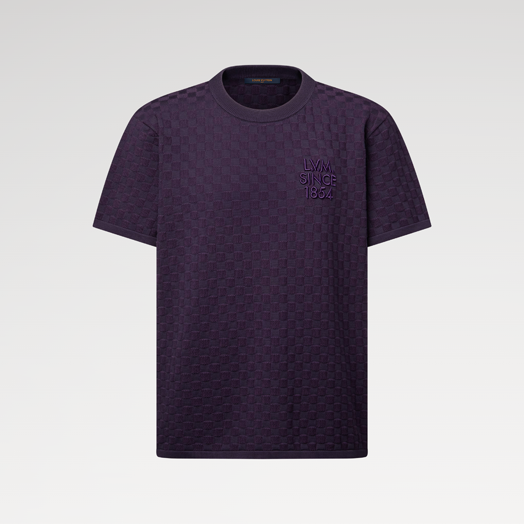 1AJTVG Damier Jacquard Short-Sleeved Crewneck Purple Indigo Cotton