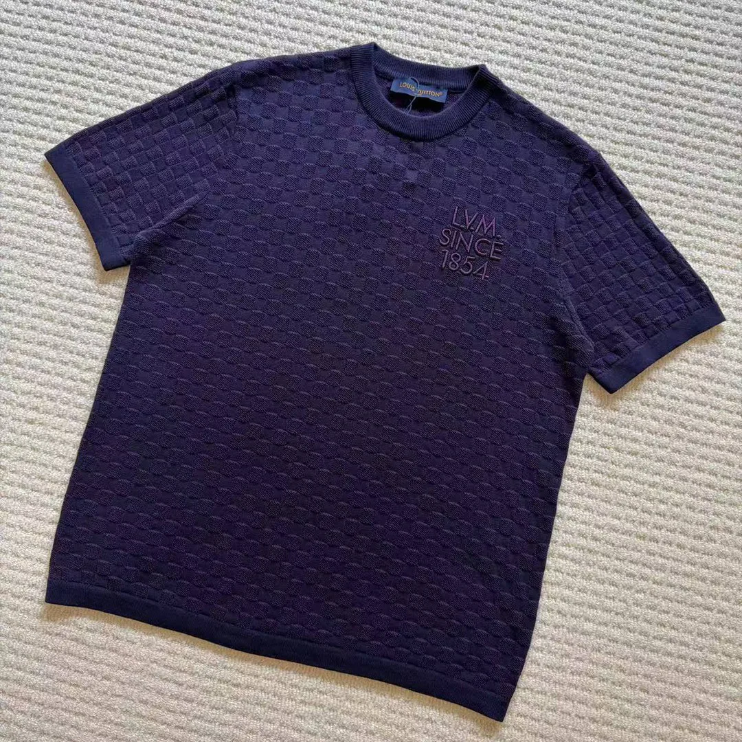 1AJTVG Damier Jacquard Short-Sleeved Crewneck Purple Indigo Cotton