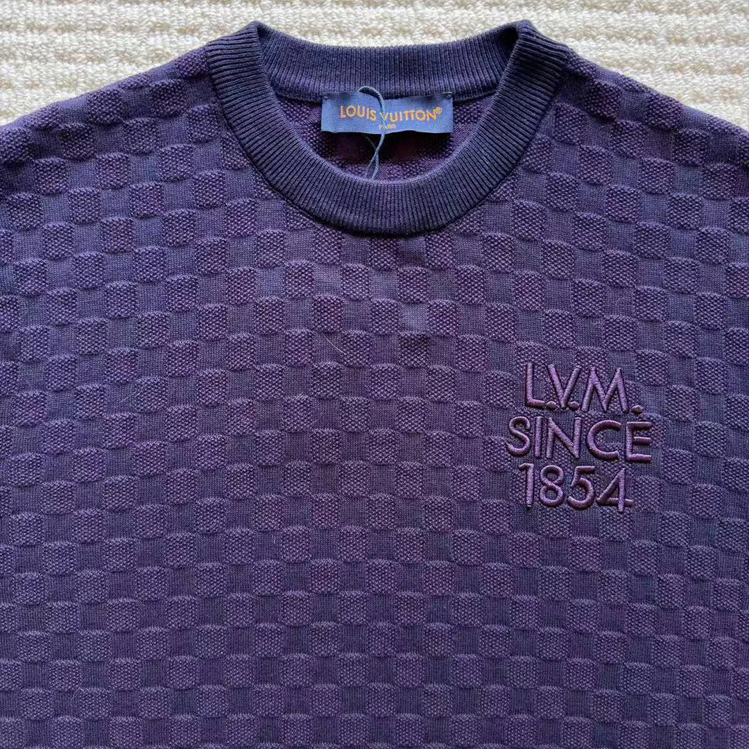 1AJTVG Damier Jacquard Short-Sleeved Crewneck Purple Indigo Cotton