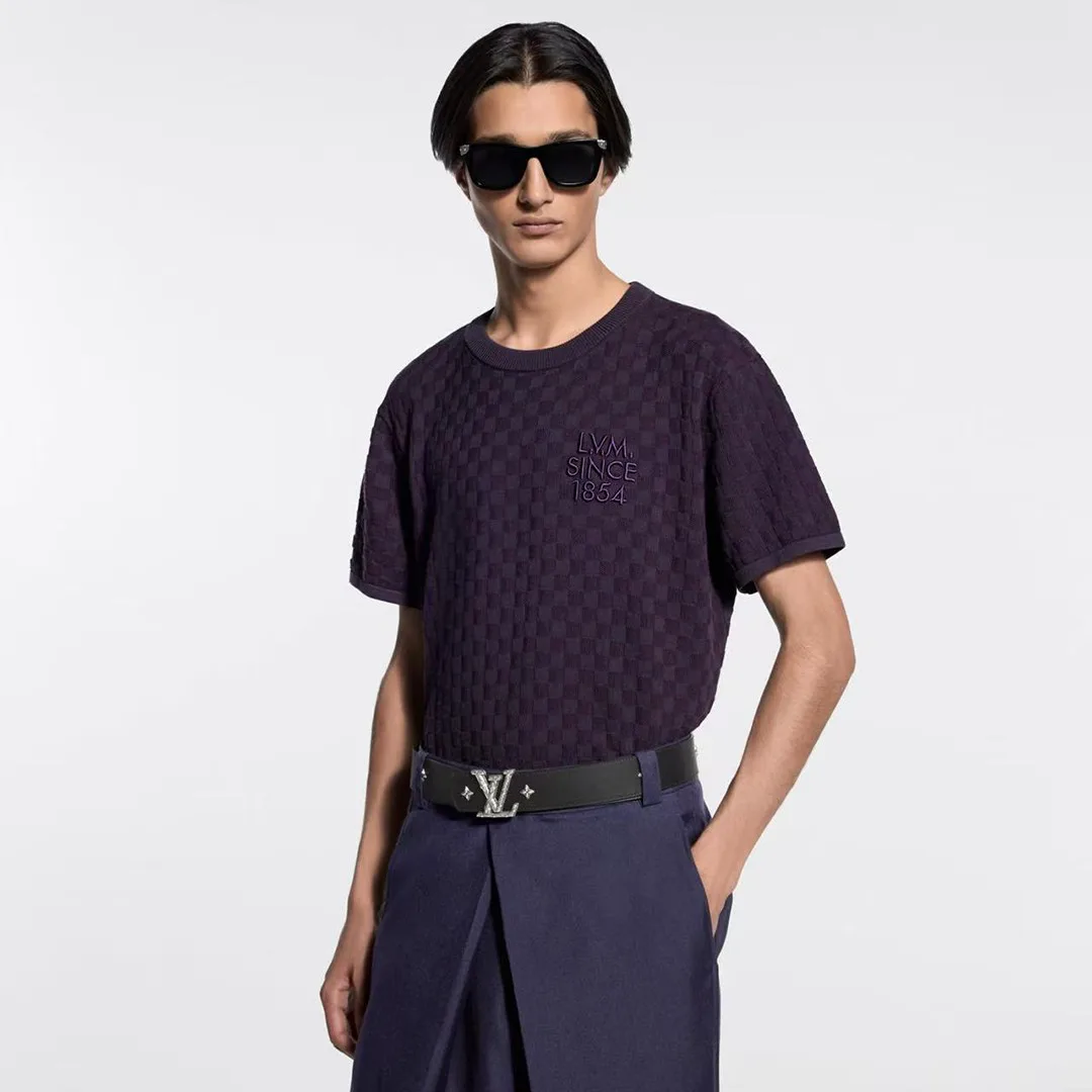 1AJTVG Damier Jacquard Short-Sleeved Crewneck Purple Indigo Cotton