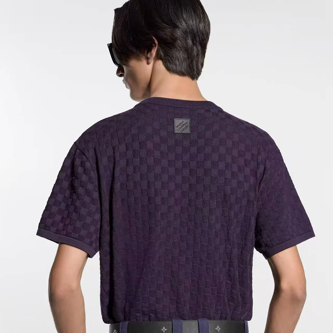 1AJTVG Damier Jacquard Short-Sleeved Crewneck Purple Indigo Cotton