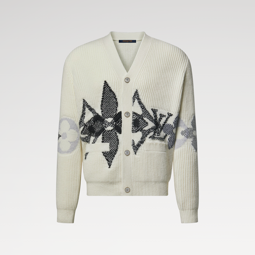1AJBX5 Graphic Knitted Cardigan Almond Milk Monogram Wool