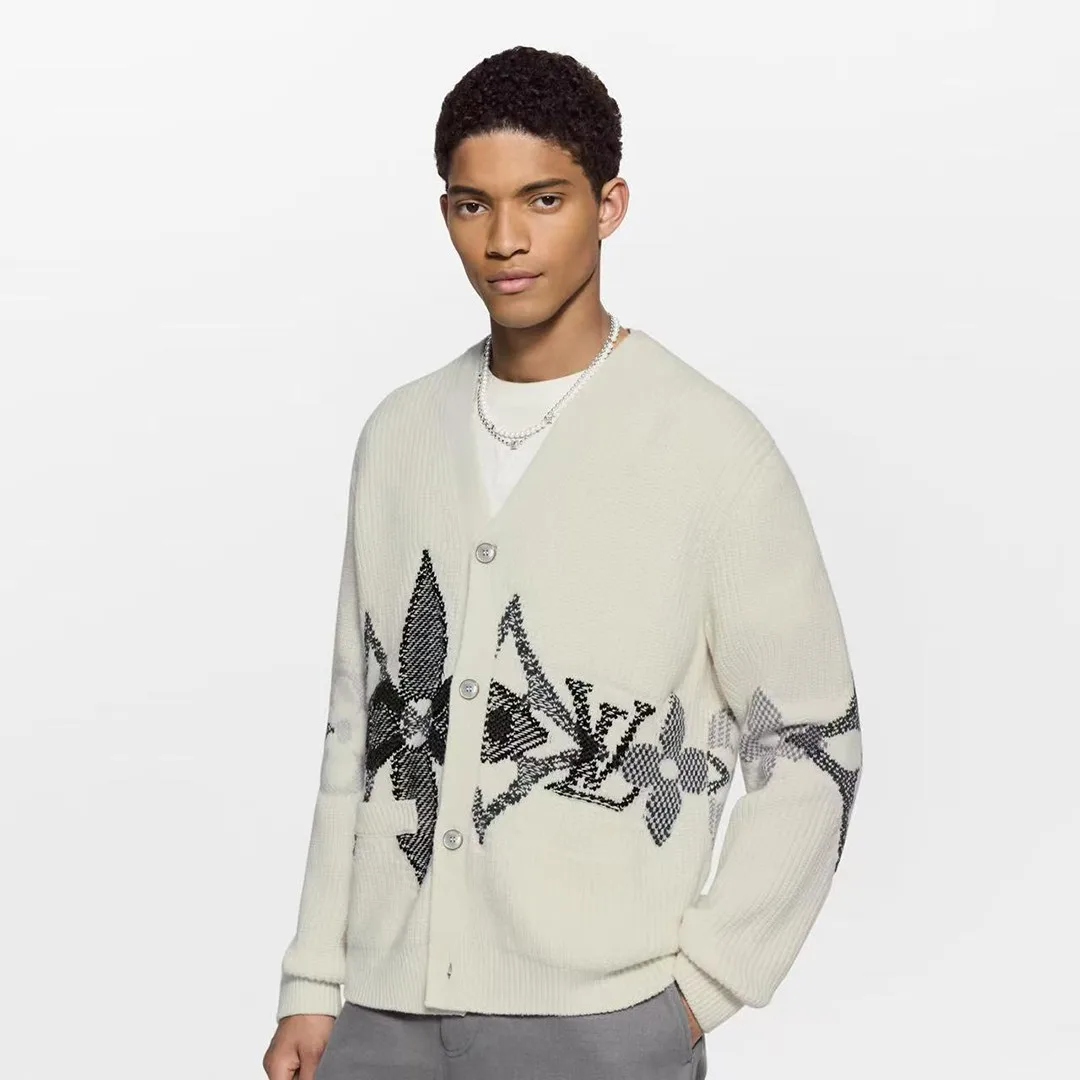 1AJBX5 Graphic Knitted Cardigan Almond Milk Monogram Wool