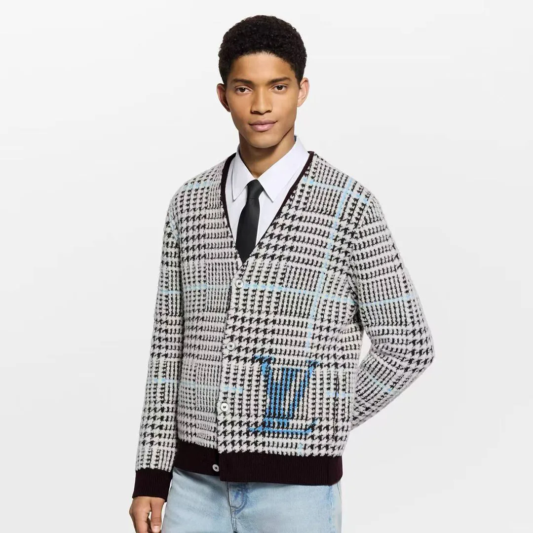 1AJBSP Textured Plaid Cardigan Multicolor Wool