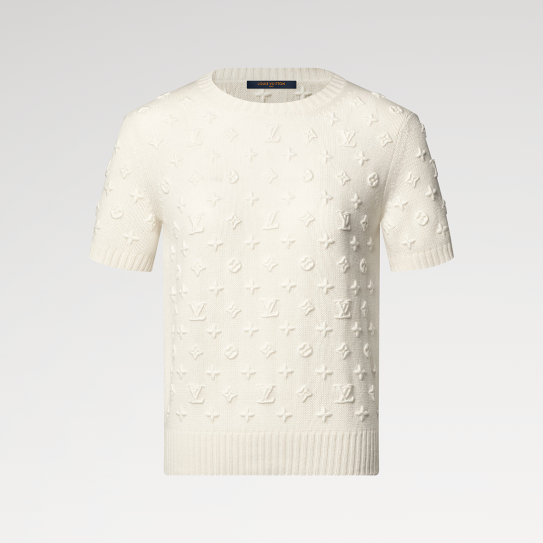 1AJZ85 Embroidered Monogram Knit Top Milk White Cashmere