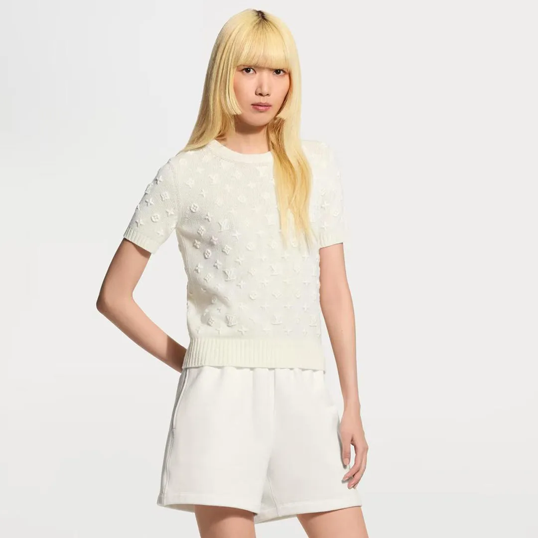 1AJZ85 Embroidered Monogram Knit Top Milk White Cashmere