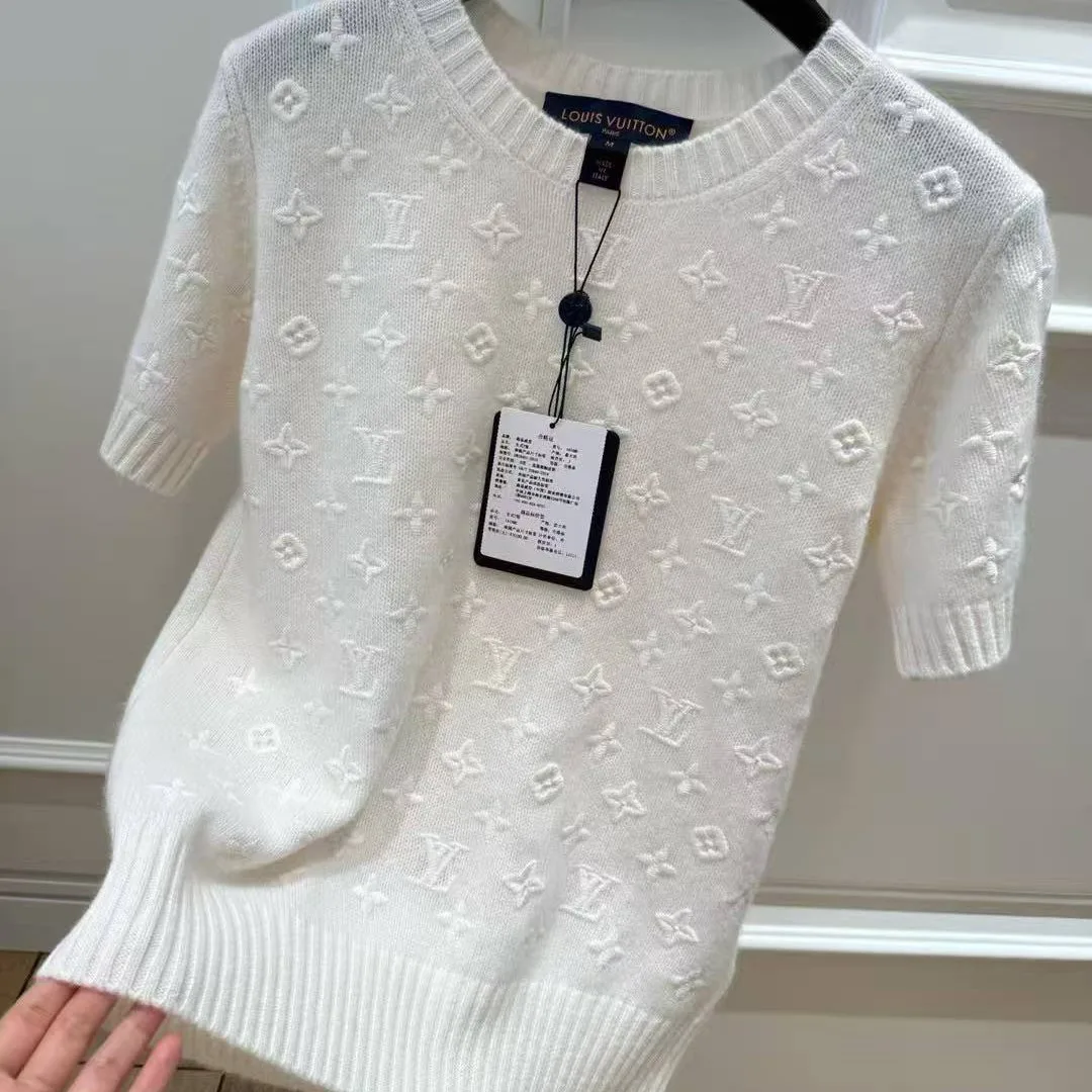 1AJZ85 Embroidered Monogram Knit Top Milk White Cashmere