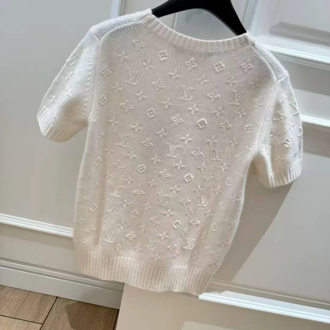 1AJZ85 Embroidered Monogram Knit Top Milk White Cashmere