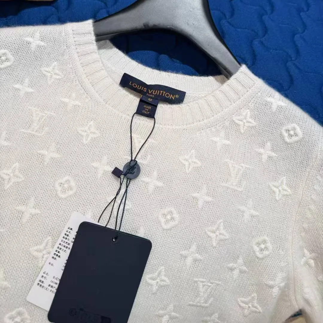 1AJZ85 Embroidered Monogram Knit Top Milk White Cashmere