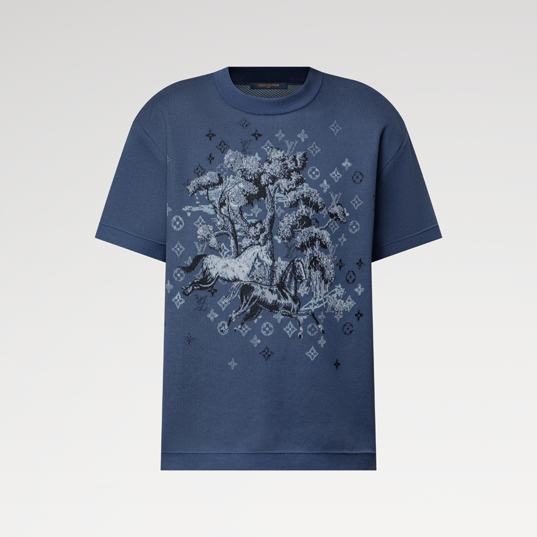 1AJBVD Short-Sleeved Jacquard Crewneck Monogram Horses