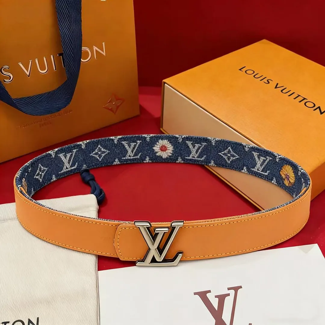 M4634V L.V Dimension Monogram Denim Flower 35mm Reversible Belt Blue Camel