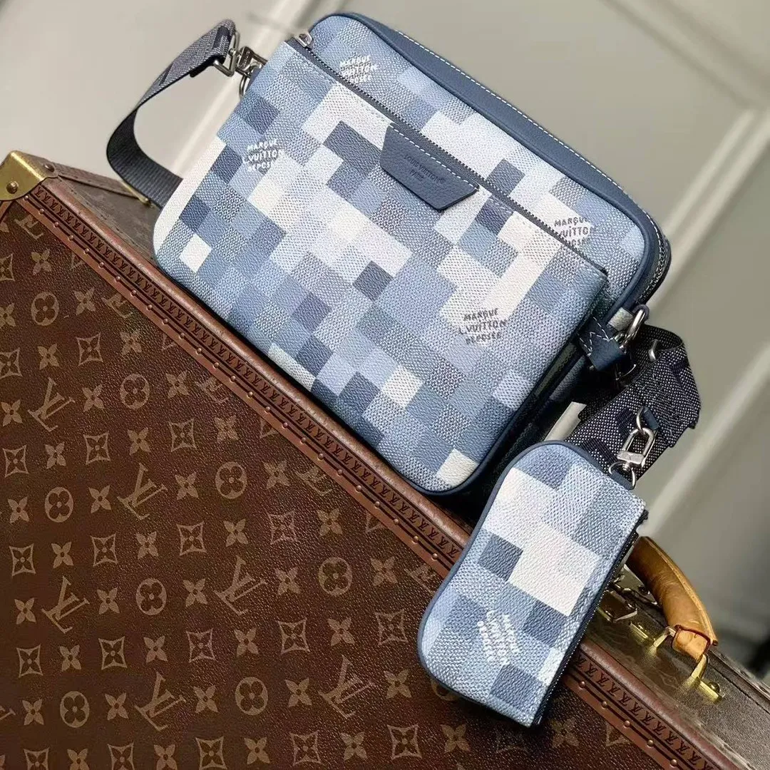 M28601 Trio Messenger Indigo Blue Damoflage Coated Canvas