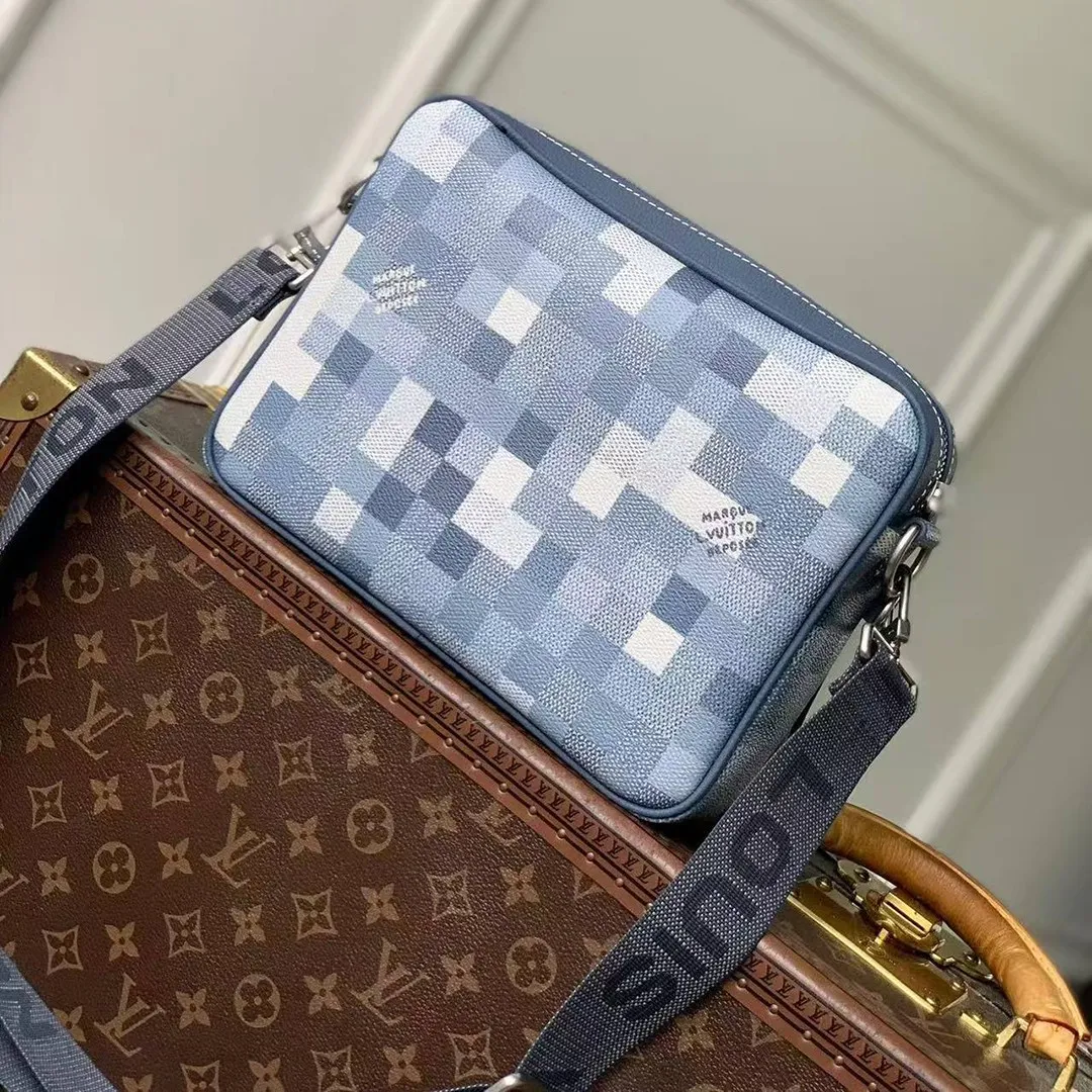 M28601 Trio Messenger Indigo Blue Damoflage Coated Canvas
