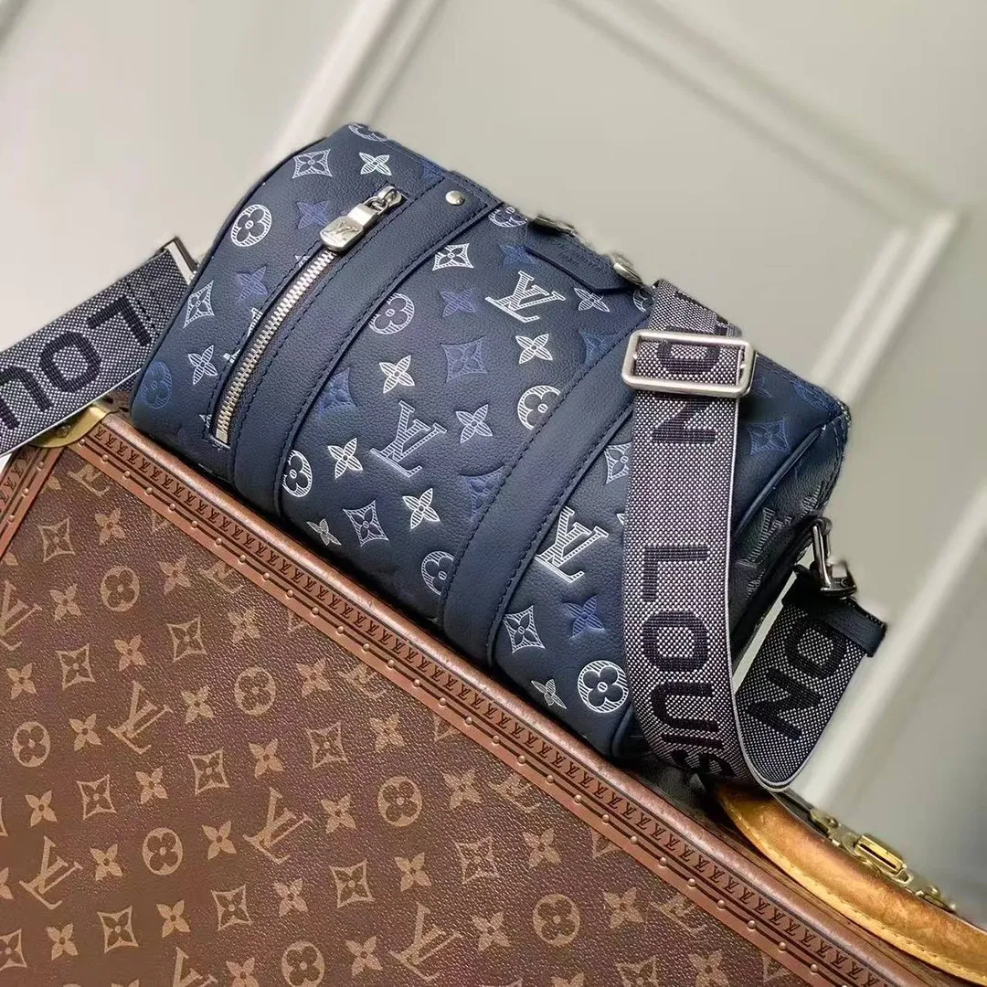 M28617 City Keepall Bag Navy Blue Monogram Shadow Calfskin Leather Handbags