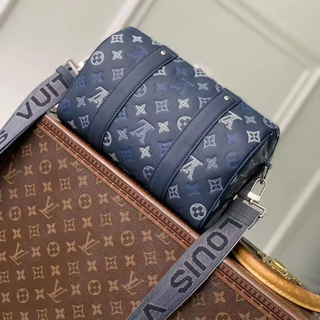 M28617 City Keepall Bag Navy Blue Monogram Shadow Calfskin Leather Handbags