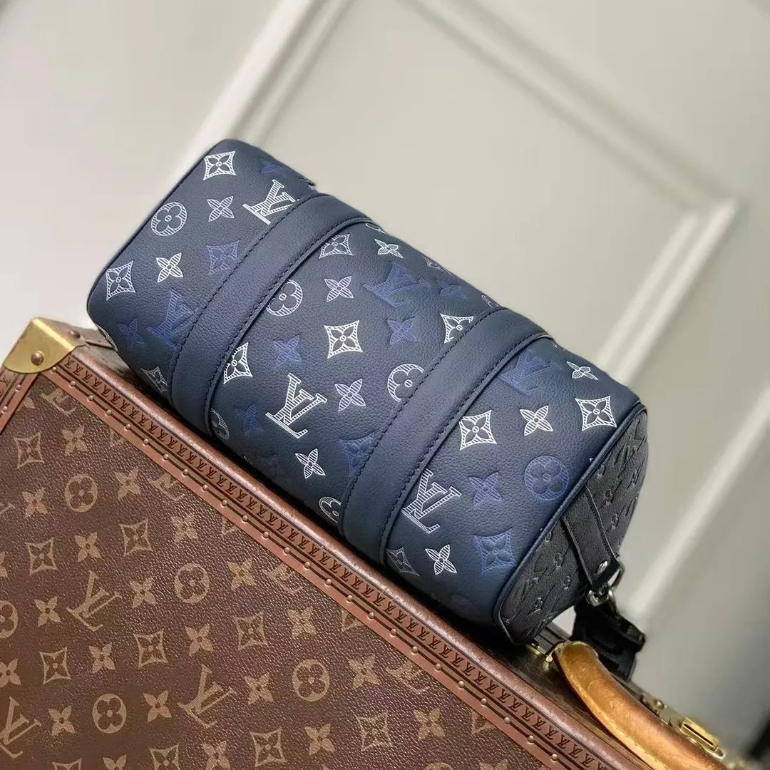 M28617 City Keepall Bag Navy Blue Monogram Shadow Calfskin Leather Handbags