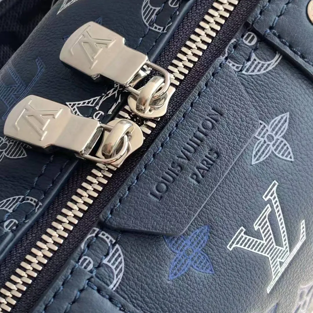 M28617 City Keepall Bag Navy Blue Monogram Shadow Calfskin Leather Handbags