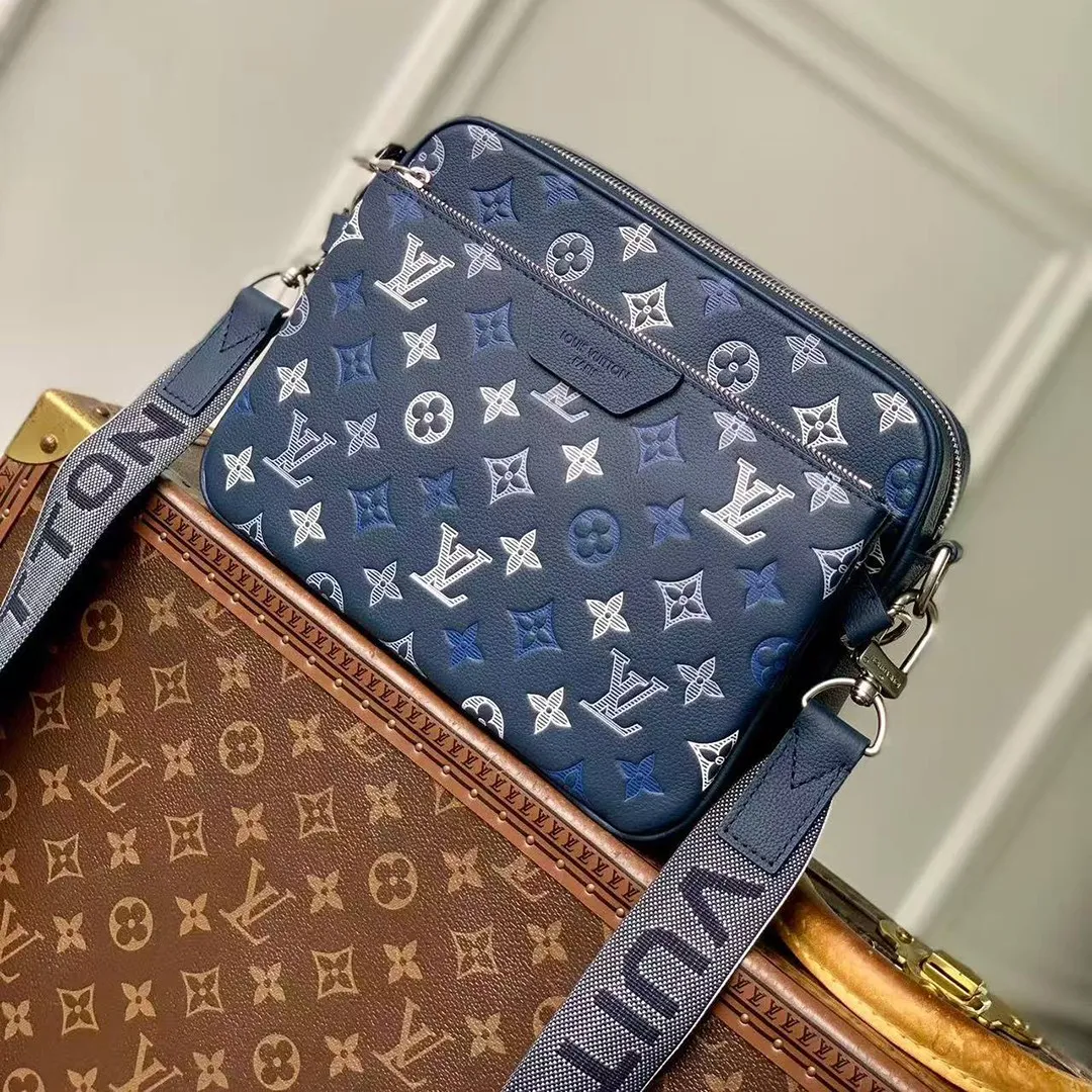 M28618 Trio Messenger Bag Navy Blue Monogram Shadow Calfskin Leather Handbags