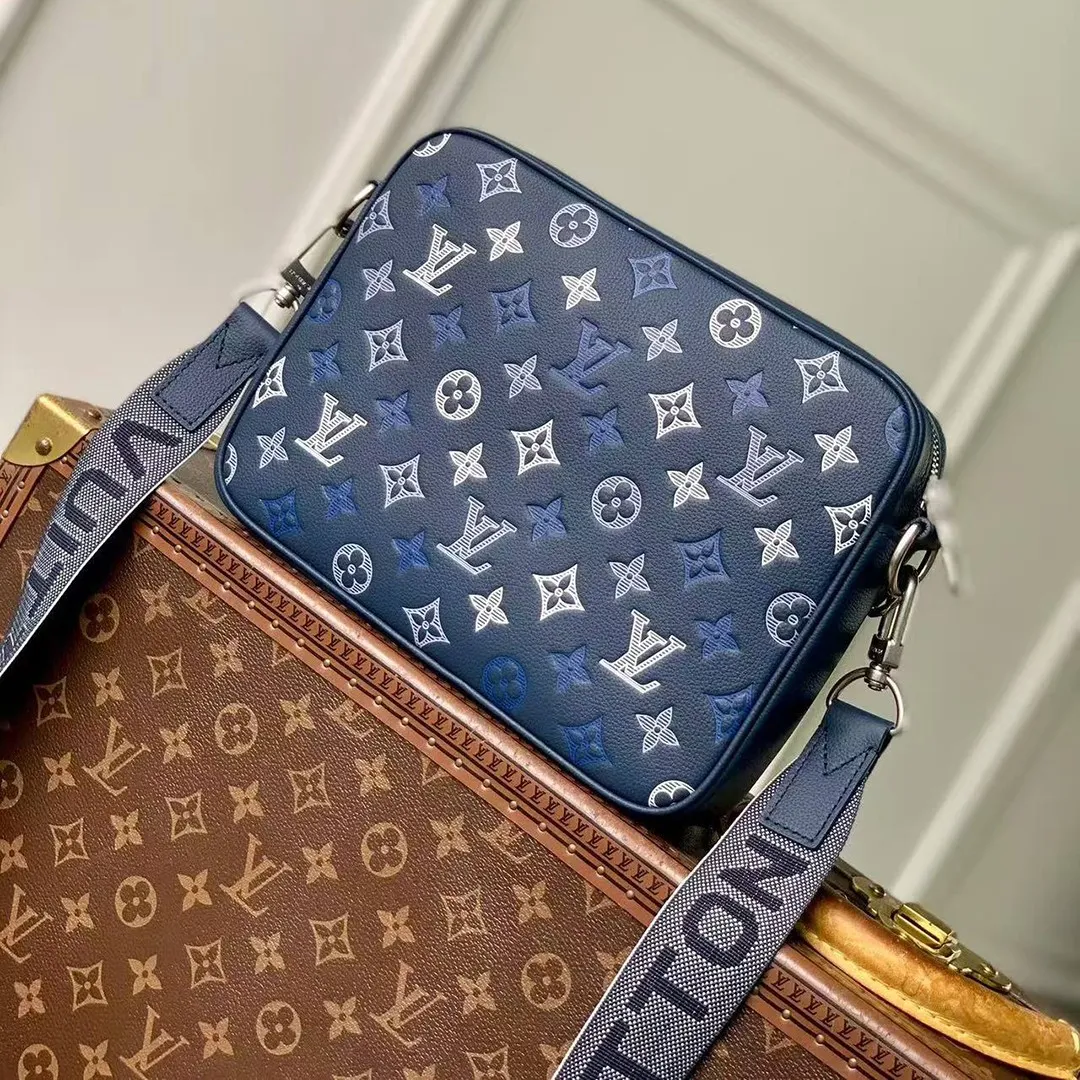 M28618 Trio Messenger Bag Navy Blue Monogram Shadow Calfskin Leather Handbags