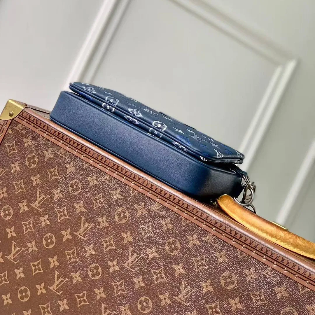 M28618 Trio Messenger Bag Navy Blue Monogram Shadow Calfskin Leather Handbags