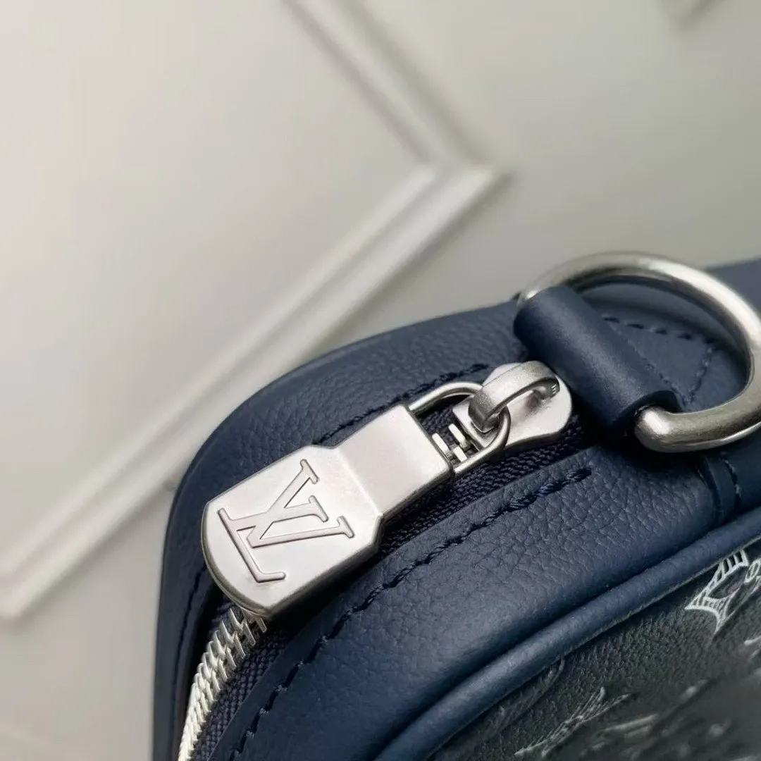 M28618 Trio Messenger Bag Navy Blue Monogram Shadow Calfskin Leather Handbags