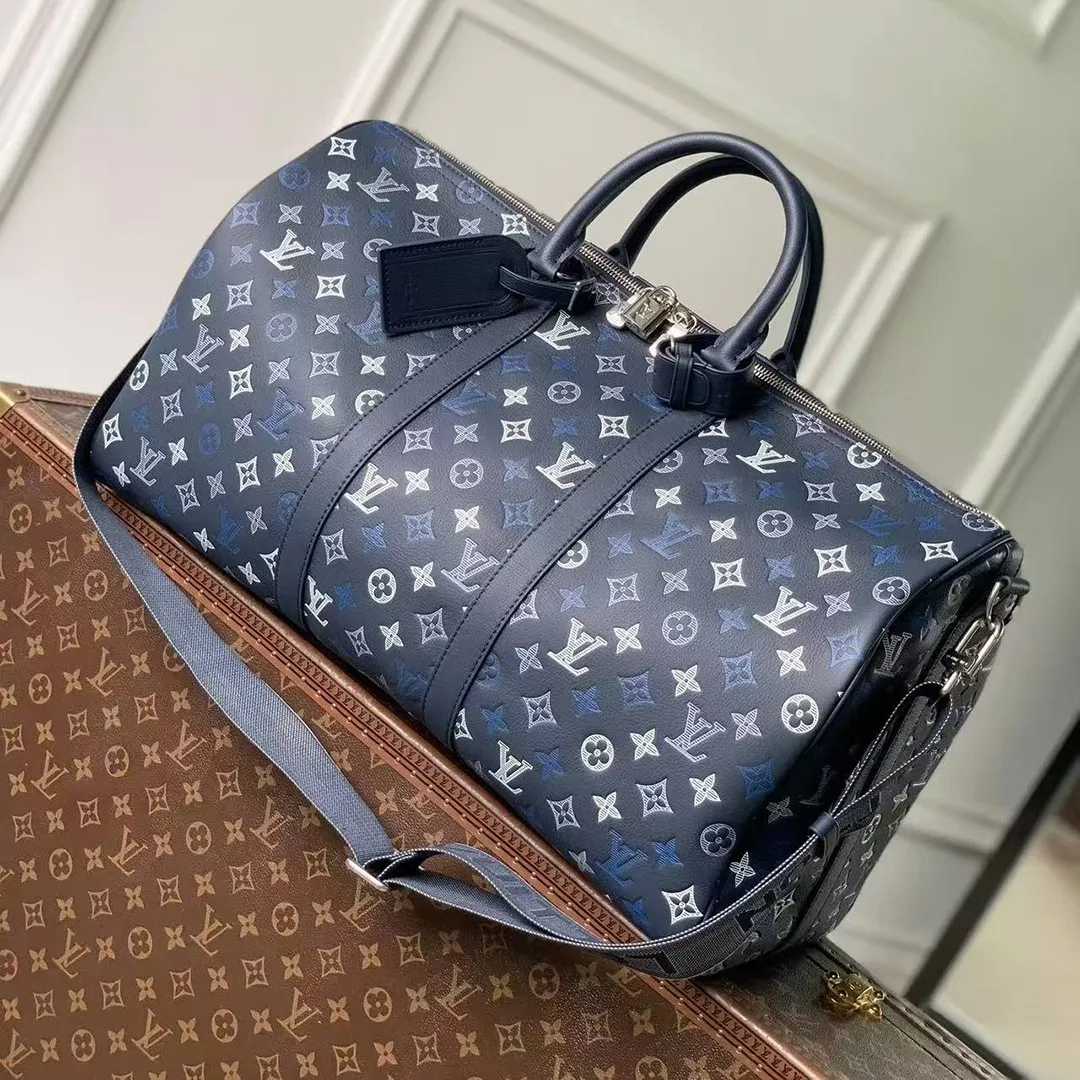 M28836 Keepall Bandoulière 50 Bag Navy Blue Monogram Shadow Calfskin Leather Handbags