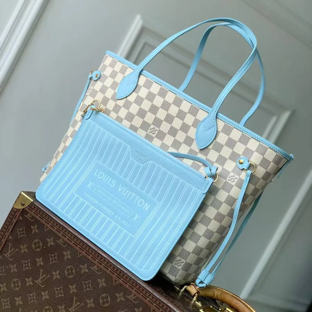 N40946 Neverfull Inside Out MM Bleu Olympe Damier Azur Coated Canvas