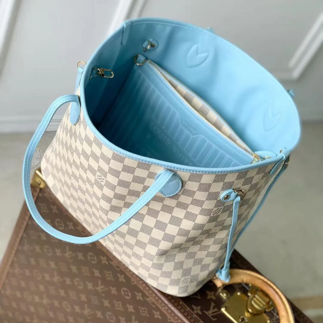N40946 Neverfull Inside Out MM Bleu Olympe Damier Azur Coated Canvas