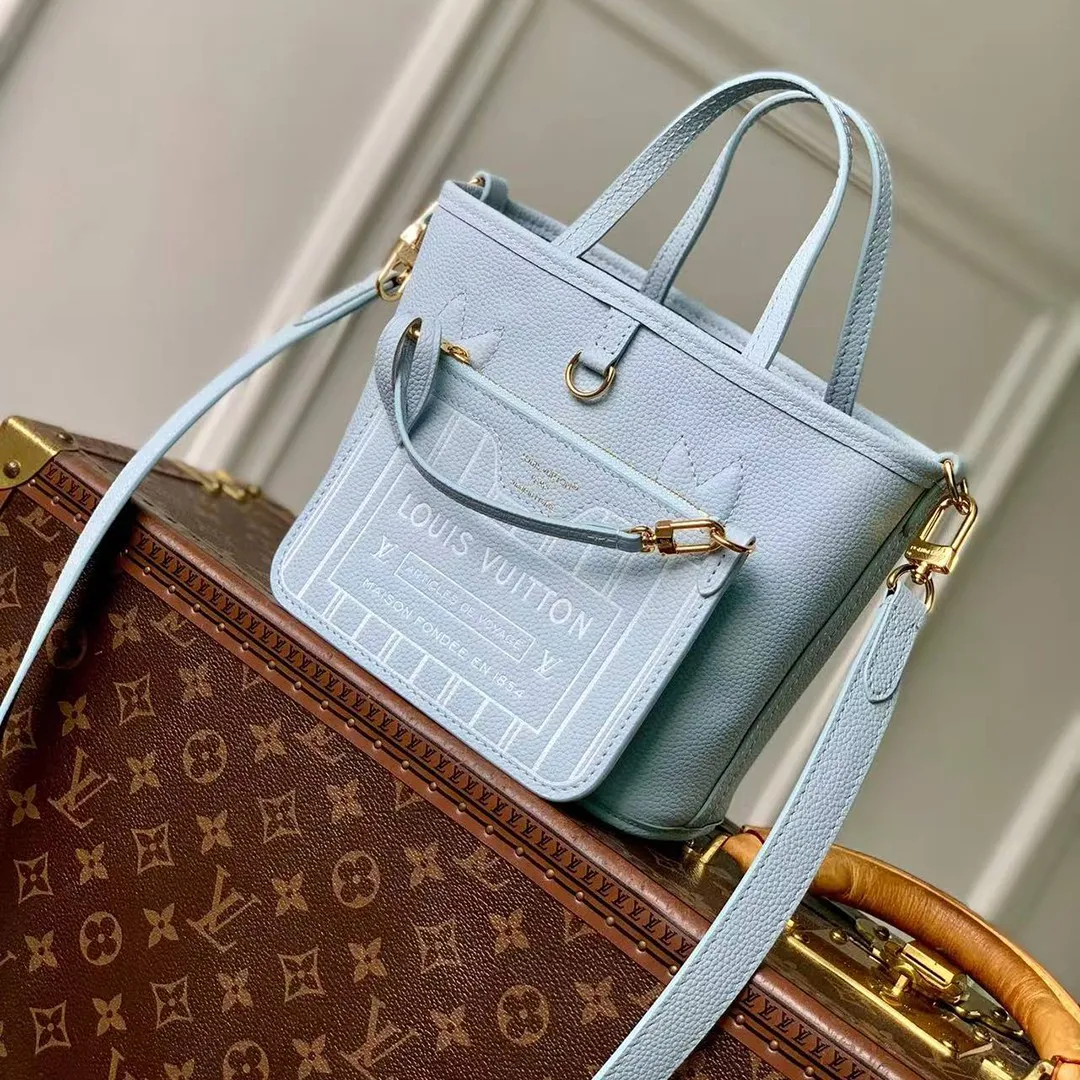 M28336 Reversible Neverfull Bandoulière Inside Out BB Monogram Sky Blue Cowhide Leather Monogram Coated Canvas