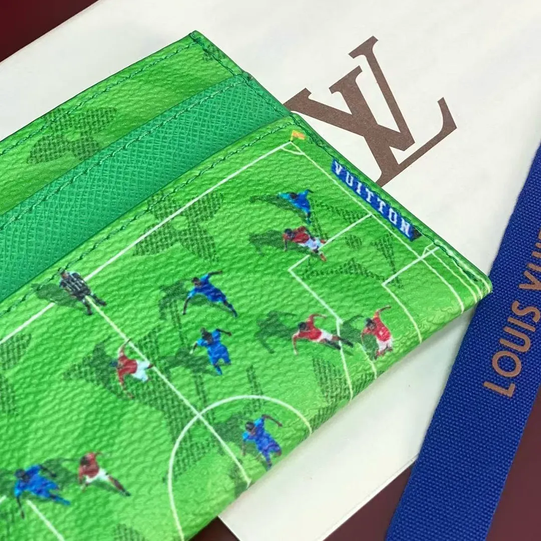 M26802 Double Card Holder Soccer Green Monogram Coated Canvas