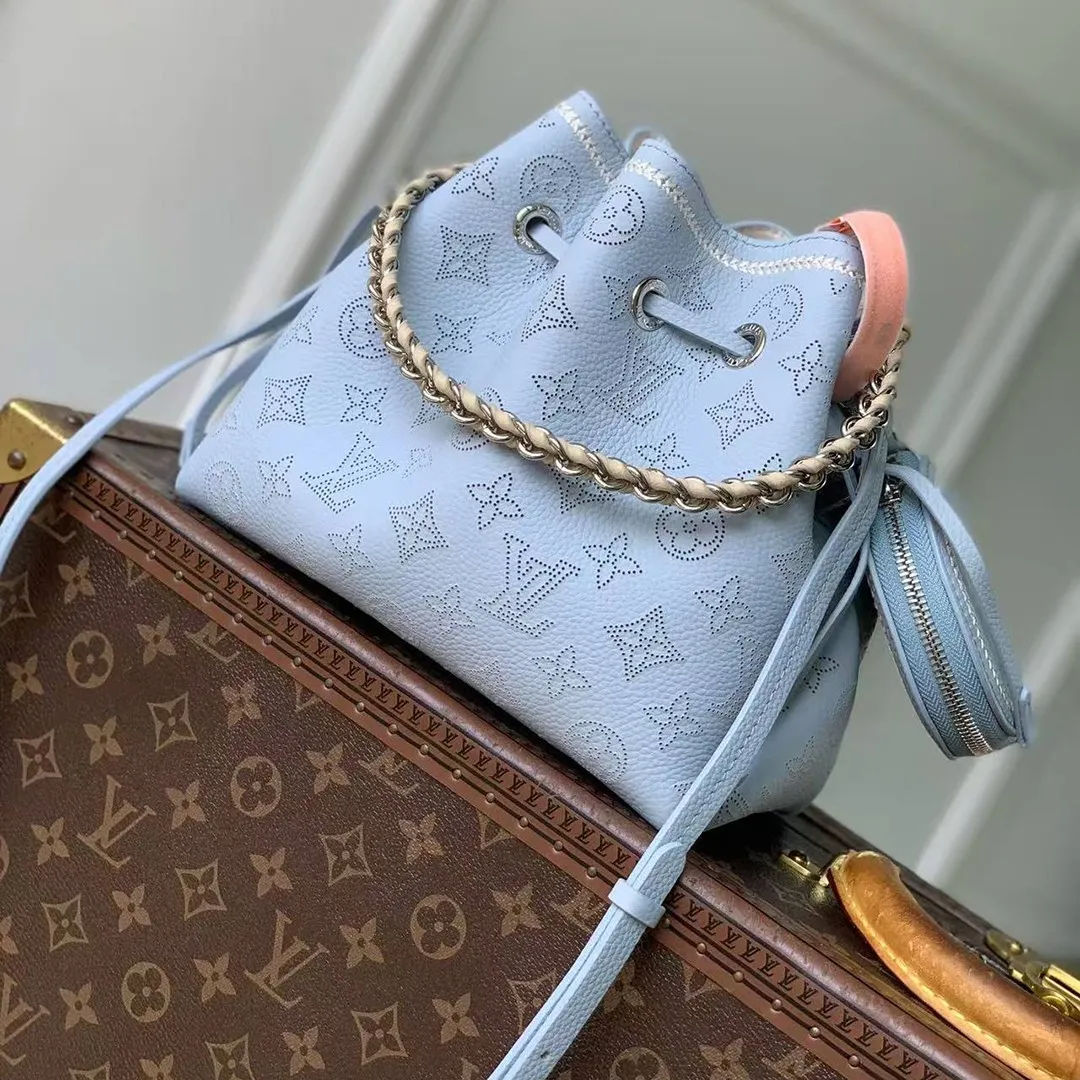 M28885 Bella Handbag Bleu Olympe Perforated Mahina Calfskin Leather With Embroidery