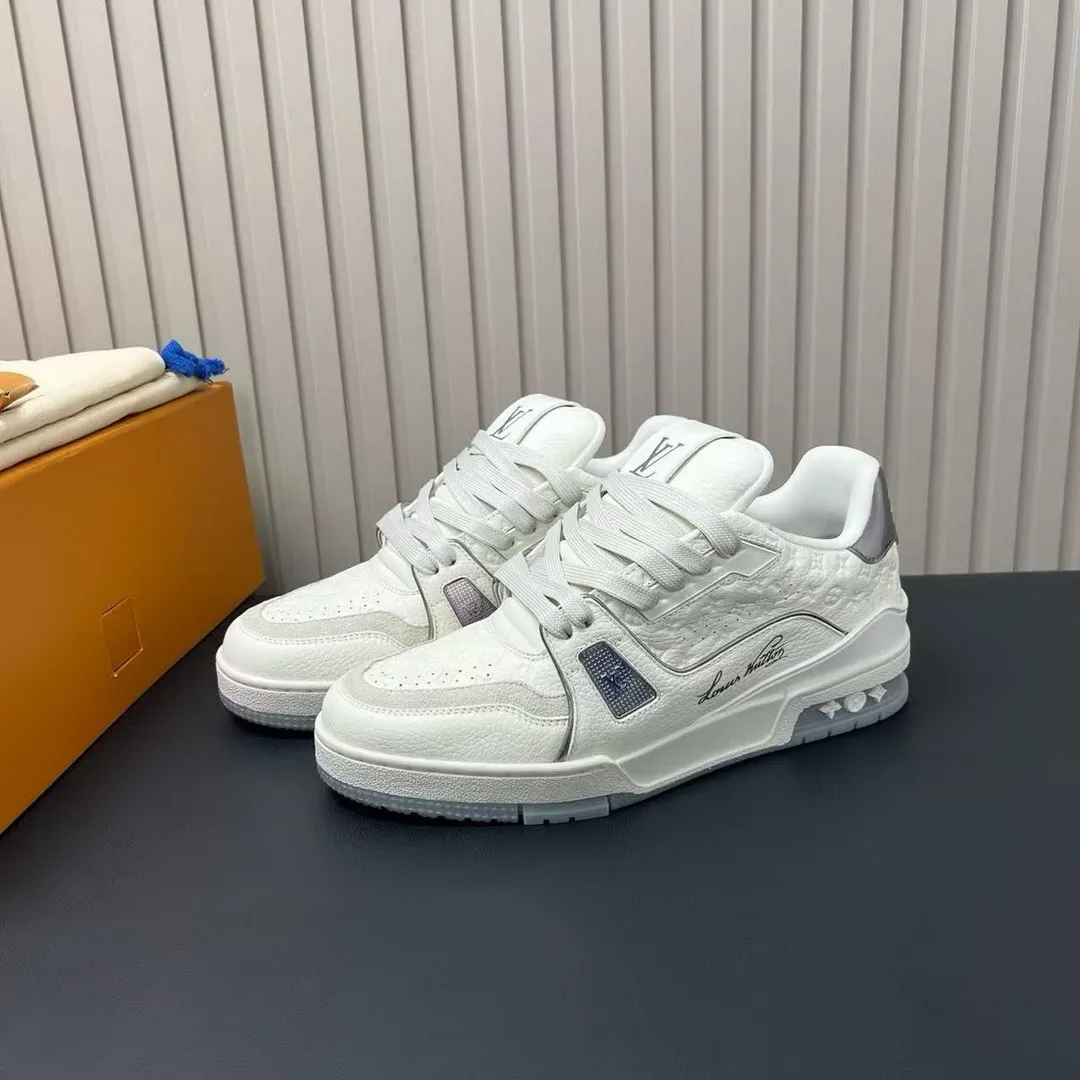 1AKCKV L.V Trainer Sneaker Gray Monogram Debossed Grained Calf Leather