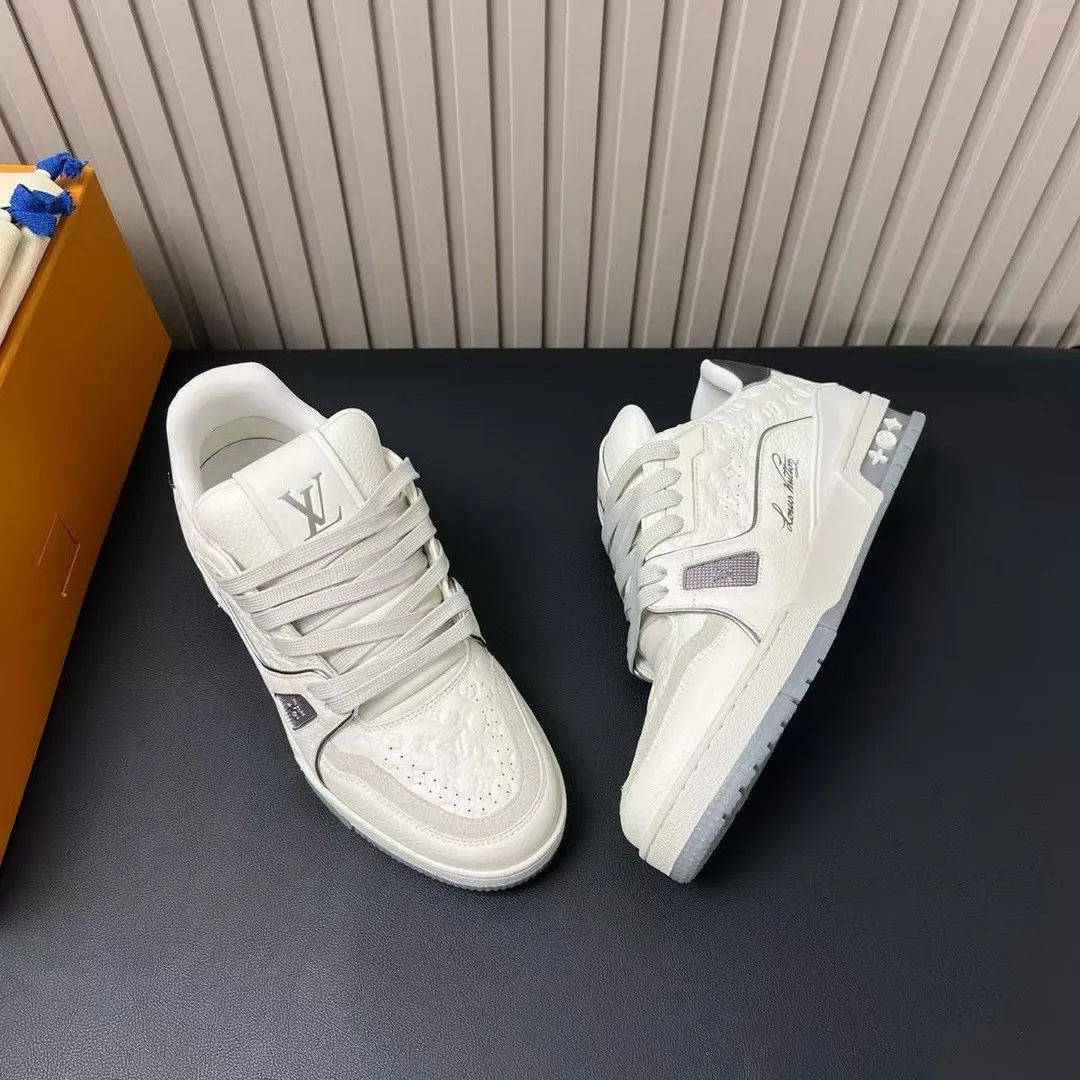 1AKCKV L.V Trainer Sneaker Gray Monogram Debossed Grained Calf Leather