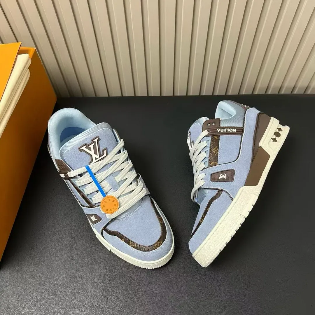 1AKB68 L.V Trainer Sneaker Blue Suede Calf Leather Monogram Canvas