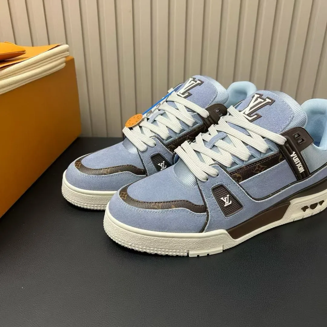 1AKB68 L.V Trainer Sneaker Blue Suede Calf Leather Monogram Canvas
