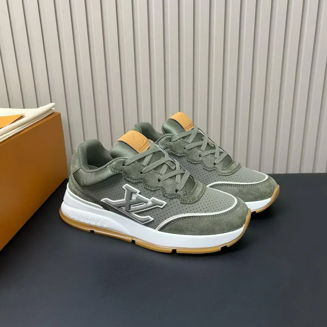 1A003Y L.V Classic Sneaker Khaki Green Perforated Nubuck Leather Suede Calf Leather
