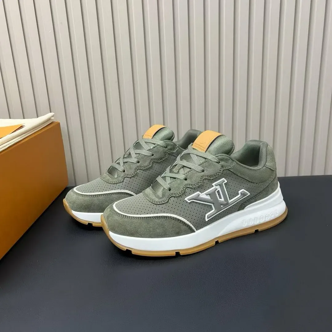 1A003Y L.V Classic Sneaker Khaki Green Perforated Nubuck Leather Suede Calf Leather